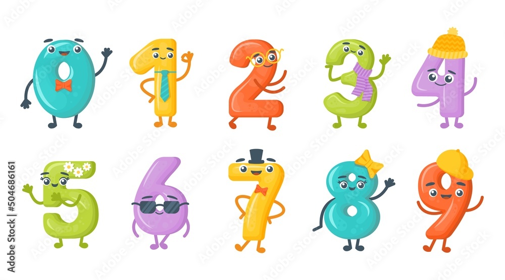 Wall mural numbers with faces. cartoon funny numeral signs for mathematics and arithmetic studying. kids educat