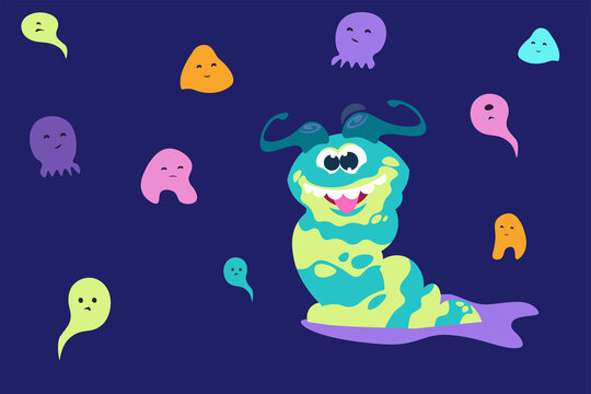 Cartoon monsters. Funny and scary trolls. Aliens or goblins. Flying ghosts. Slug with crazy face and toothy smile. Halloween spooky slime beasts. Vector fantastic characters illustration