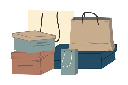 Shoe boxes. Cartoon stack of gift and shopping paper bags, grocery packaging for purchases and presents. Piles of store packets and cardboard containers, vector illustration