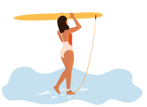 People at beach. Surfer in bikini carrying surfboard. Cartoon character doing summer activities. Woman surfing and swimming in sea. Sunbathing female in swimsuit. Vector outdoor vacation