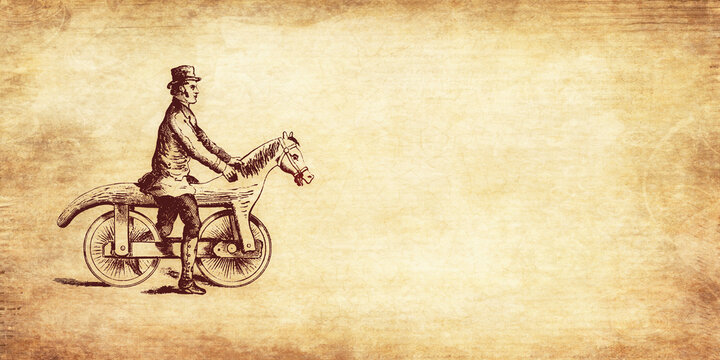 Antike Illustration Mann auf einem Transportmittel halb Pferd, halb Fahrrad 