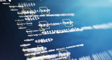 IT business.Monitor closeup of function source code. Project managers work new idea.