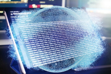 Modern tech. PHP syntax highlighted. Writing programming functions on laptop. Big data and Internet of things trend.