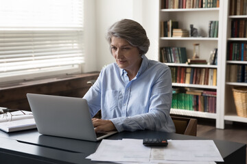 Fototapeta premium Focused positive elder business woman, accountant counting annual income, using online app on laptop computer, calculating money, budget, insurance fees, paying bills, taxes with internet bank app