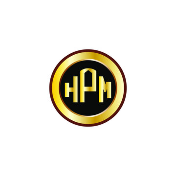HPM letter circle logo design. HPM letter logo design with black background. HPM creative letter logo with gold colors.
