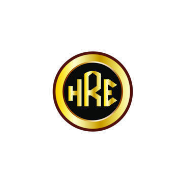 HRE letter circle logo design. HRE letter logo design with black background. HRE creative letter logo with gold colors.
