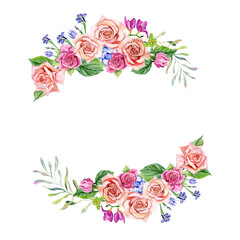 Blue and pink bouquet of flowers with delicate green fern leaves. Hydrangea, roses. Wedding watercolor garden. Beautiful bouquet of spring flowers with greenery for print, design invite