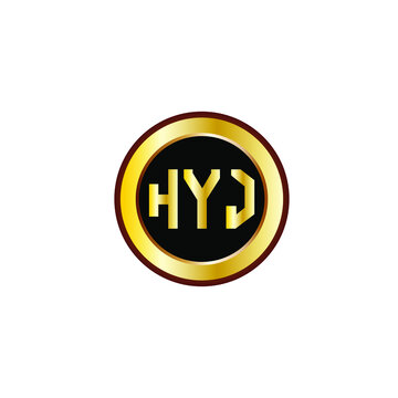 HYJ letter circle logo design. HYJ letter logo design with black background. HYJ creative letter logo with gold colors.
