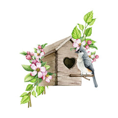 Titmouse bird on the birdhouse in flower decor. Watercolor illustration. Hand drawn spring decoration with titmouse, flowers and green leaves. Spring decor with a bird. garden scene