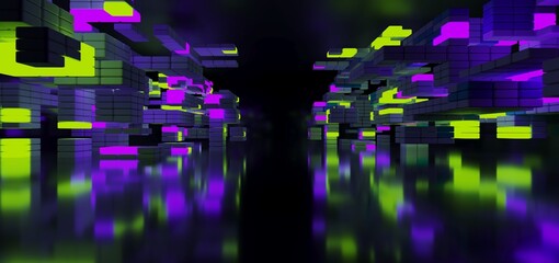 Abstract architectural minimalistic background. Laser show in the ultraviolet spectrum. Modern  impulse tunnel. Futuristic space sci-fi frame neon backlight. 3D illustration and rendering.