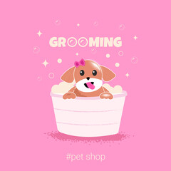Cute dog with spa and salon theme in flat vector style. Graphic resource about pet grooming for graphic, content,banner, greeting card.