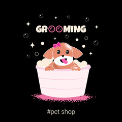 Cute dog with spa and salon theme in flat vector style. Graphic resource about pet grooming for graphic, content,banner, greeting card.