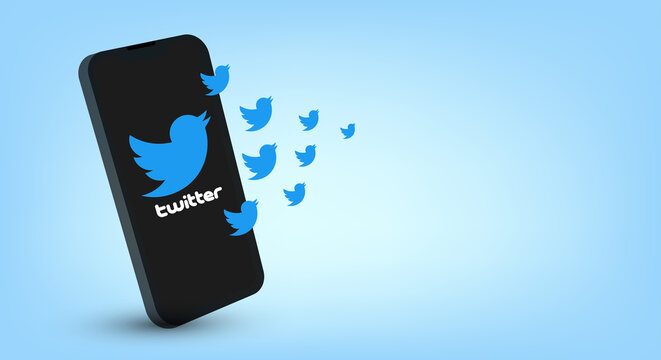 Twitter on 3d smartphone screen, concept design, vector editorial illustration