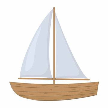 Wooden boat with sail color vector illustration in cartoon style on a white background.