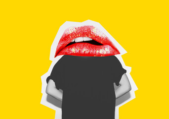Modern art collage. Female body with a large mouth, red lips and white teeth in the form of a head on a yellow background. The concept of emotions and feelings .Black and white image.