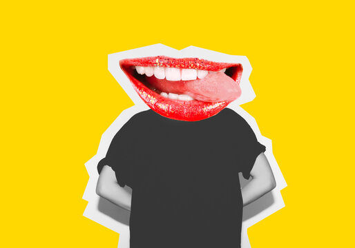 Modern art collage. Female body with a large mouth, red lips and white teeth in the form of a head on a yellow background. The concept of emotions and feelings .Black and white image.