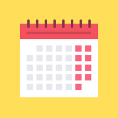 Calendar icon isolated on yellow background. Flat design. Vector illustration..