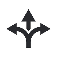 Three way direction black arrow sign, road decision icon. Vector illustration..