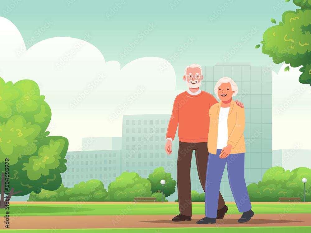 Wall mural cute elderly couple is walking in a city park. happy seniors actively spend time outdoors