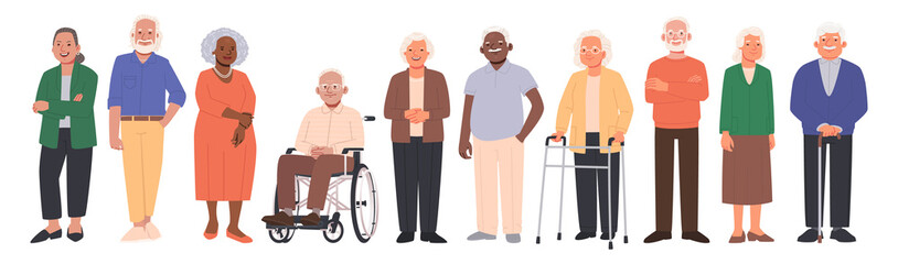 Elderly people characters set. Happy seniors, old men and women of different nations in full growth