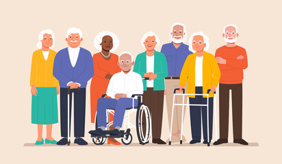 Group of elderly people stand together. Happy seniors, old men and women of different nations - 504693970