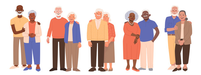 Set of cute elderly couples. Happy seniors together. Old men and women, spouses