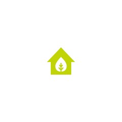 Flat green home with green leaf inside. Simple silhouette of the house. Vector building symbol. Eco friendly house. recycle and reuse home sign.