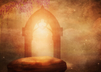 Romantischer Torbogen mit einem großen flachen Felsen davor, dass von Licht angestrahlt wird, Mystische Atmosphäre © Dorothe