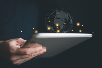 achievement global , hand holding tablet pc with map world, future global network technology