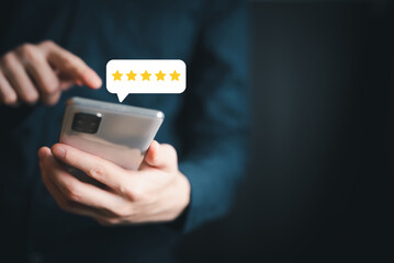 hand touch phone review 5 star,feedback client,service excellent,person holding phone