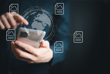 cloud storage data , phone backup networking  ,businessman pressing icon