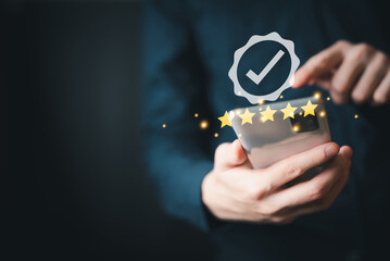 assurance quality 5 star , service best quality ,person holding a  touch phone with network