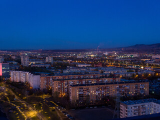 Panorama of the Siberian city of Krasnoyarsk. Evening top view. Right bank