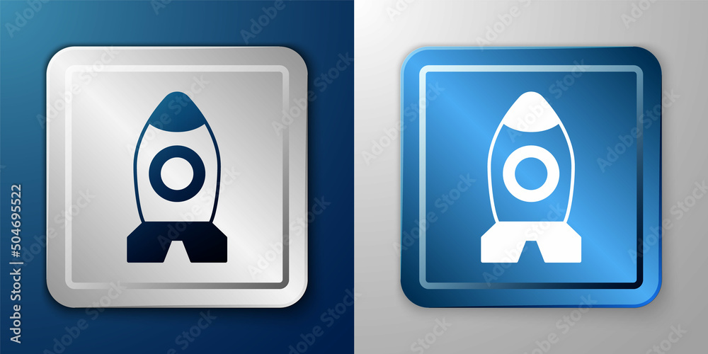 Wall mural White Rocket ship toy icon isolated on blue and grey background. Space travel. Silver and blue square button. Vector