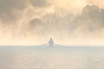 Rowers in the mist on the lake, Lake Burley Griffin, ACT, May 2022