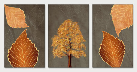 3d classic wall art. drawing golden leaves, tree, and dark background. 
 home wall canvas art