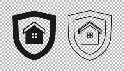 Black House with shield icon isolated on transparent background. Insurance concept. Security, safety, protection, protect concept. Vector