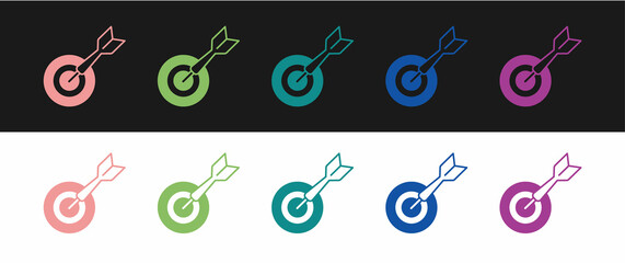 Set Classic dart board and arrow icon isolated on black and white background. Dartboard sign. Game concept. Vector