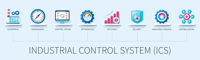 Industrial control system ICS banner with icons. Enterprise, management, control system, optimization, efficiency, security, industrial process, centralisation icons. Business concept. Web vector info