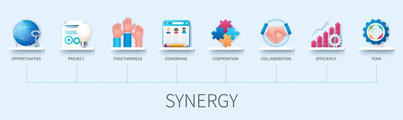 Synergy banner with icons. Opportunities, project, coworking, togetherness, cooperation, collaboration, efficiency, team icons. Business concept. Web vector infographics in 3d style
