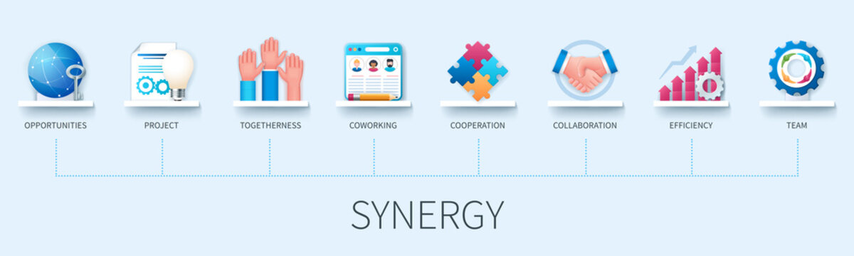 Synergy banner with icons. Opportunities, project, coworking, togetherness, cooperation, collaboration, efficiency, team icons. Business concept. Web vector infographics in 3d style