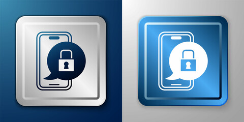 White Smartphone with closed padlock icon isolated on blue and grey background. Phone with lock. Mobile security, safety, protection concept. Silver and blue square button. Vector