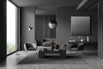 Grey living room interior with sofa and seats, panoramic window