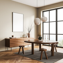 Light dining room interior with seats and table, window and mockup poster