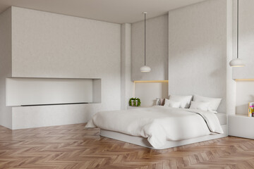Fototapeta na wymiar Light bedroom interior with bed and fireplace, decoration. Mockup