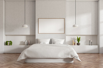 Light bedroom interior with bed and decoration on shelf. Mockup frame - obrazy, fototapety, plakaty