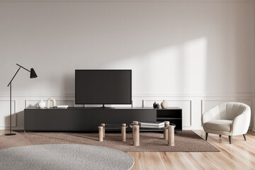 Light relax room interior with tv set on drawer, armchair on wooden floor