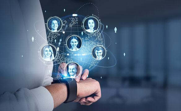 Businesswoman using smart watch, people network and connection