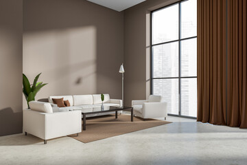 Fototapeta na wymiar Modern chill interior with couch and armchair, panoramic window and mockup