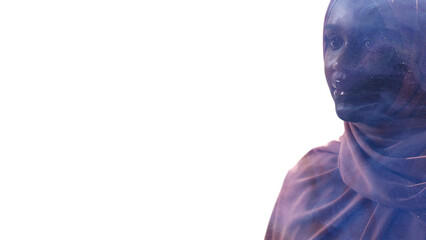 Female universe. Spiritual freedom. Soul destiny. Double exposure silhouette of relaxed smiling...